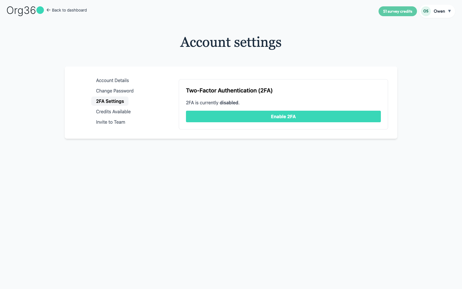 2FA settings panel with an Enable 2FA button