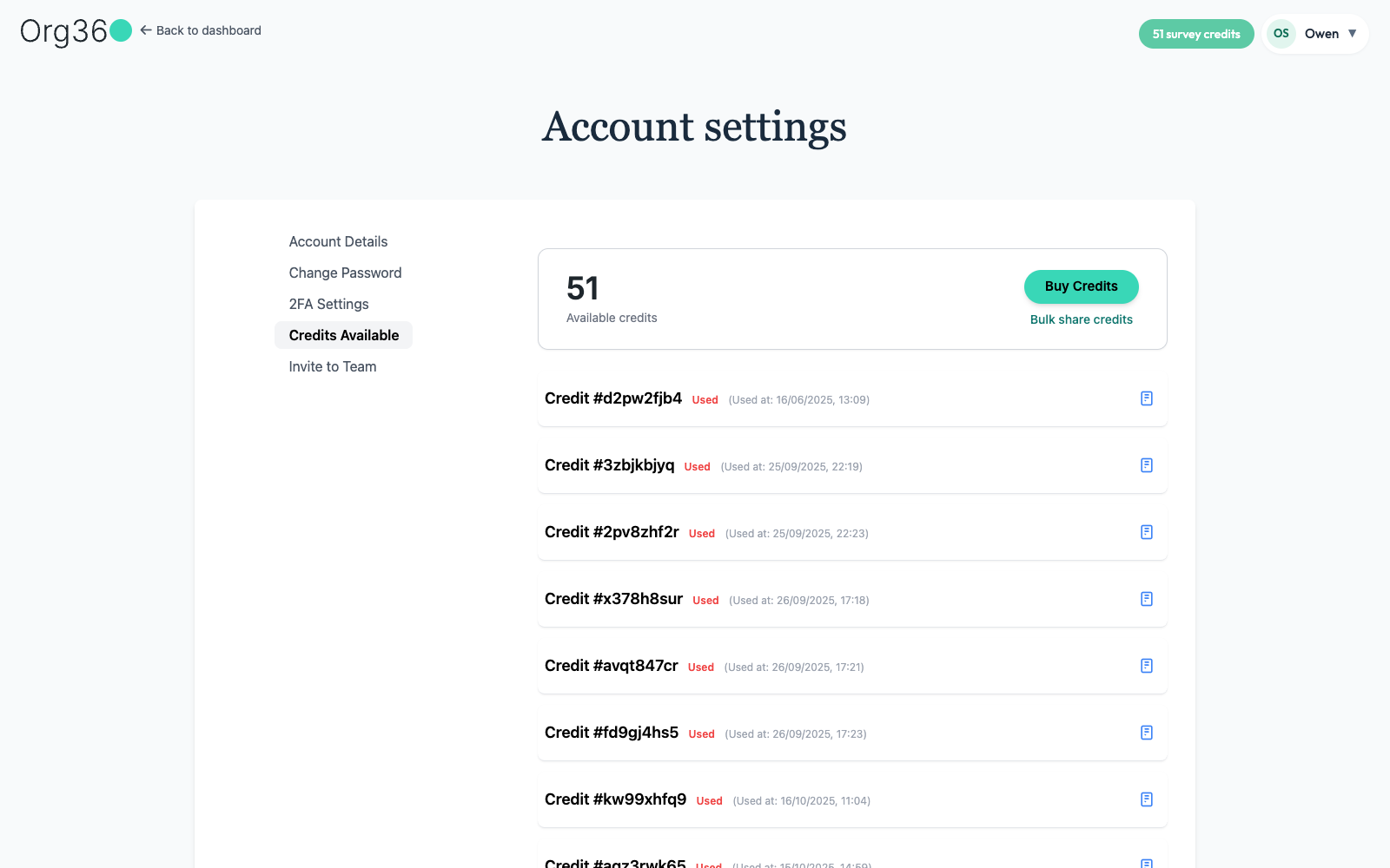 Credits Available panel with an itemized credit ledger