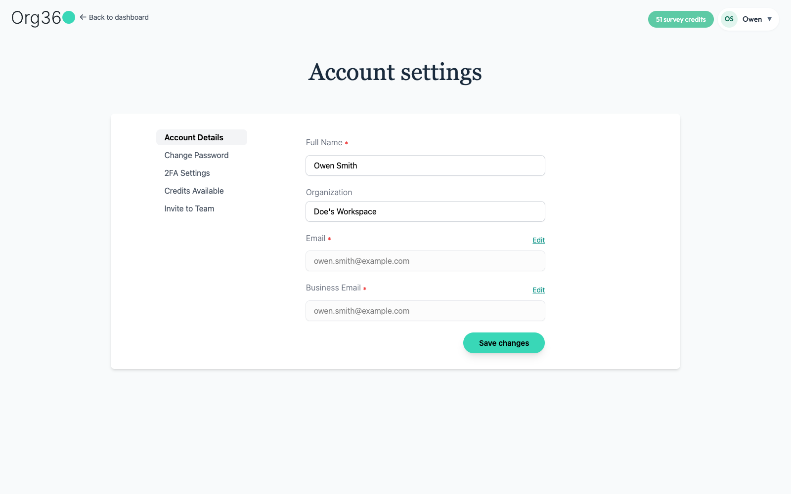 Account settings page showing account details form