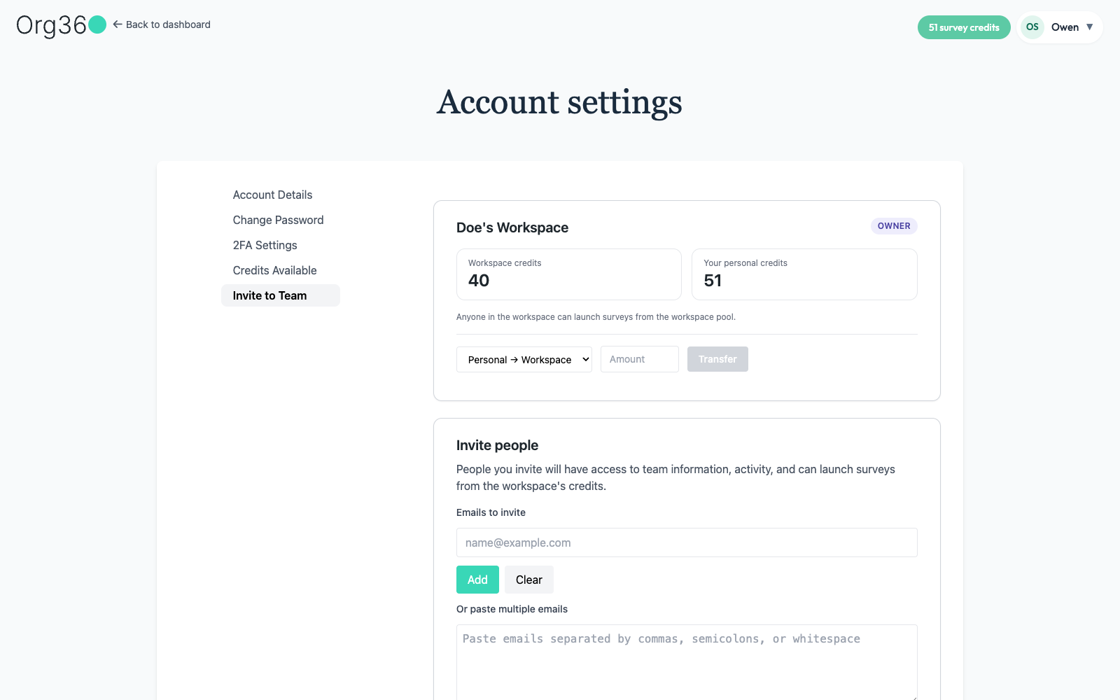 Workspace card with credit pools and a two-way Personal to Workspace credit transfer