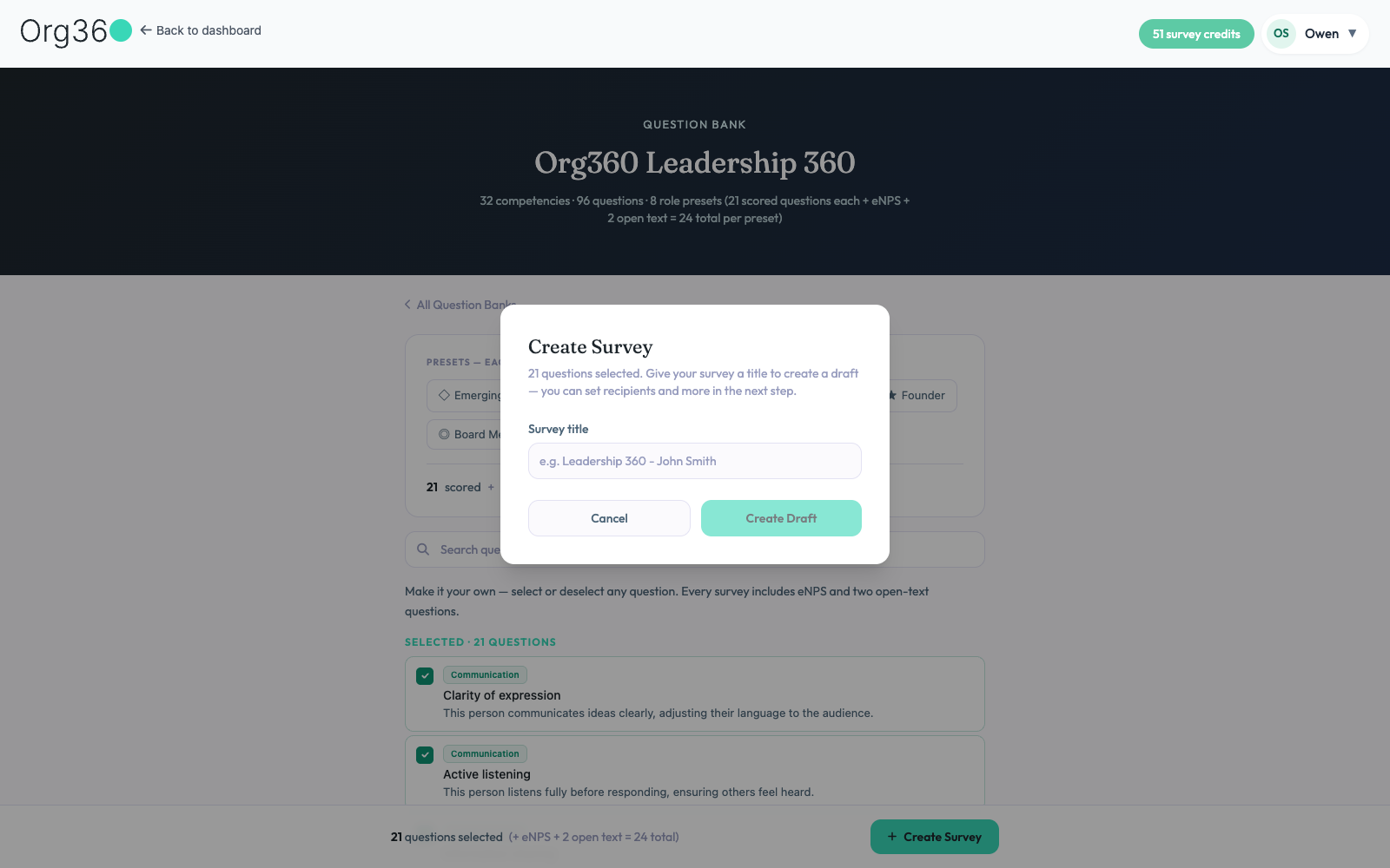 Create Survey modal asking for a survey title