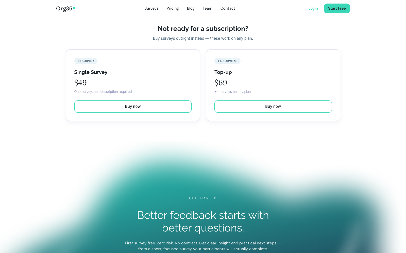 Single Survey and Top-up one-off credit purchase cards on the pricing page