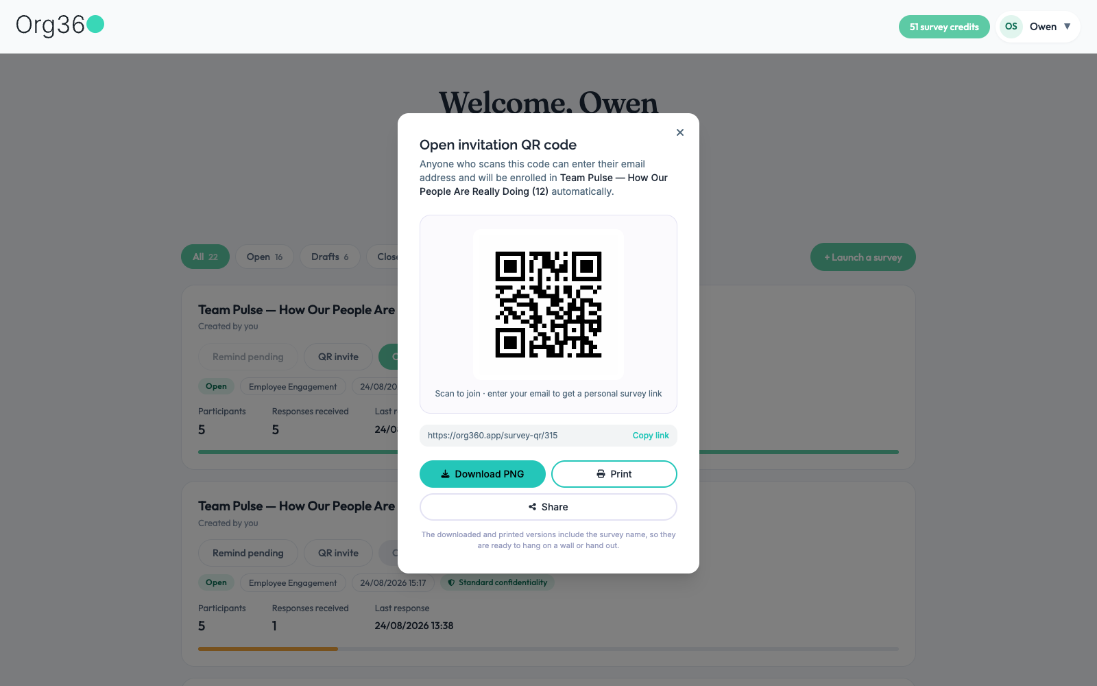 Open invitation QR code modal with download, print and share options