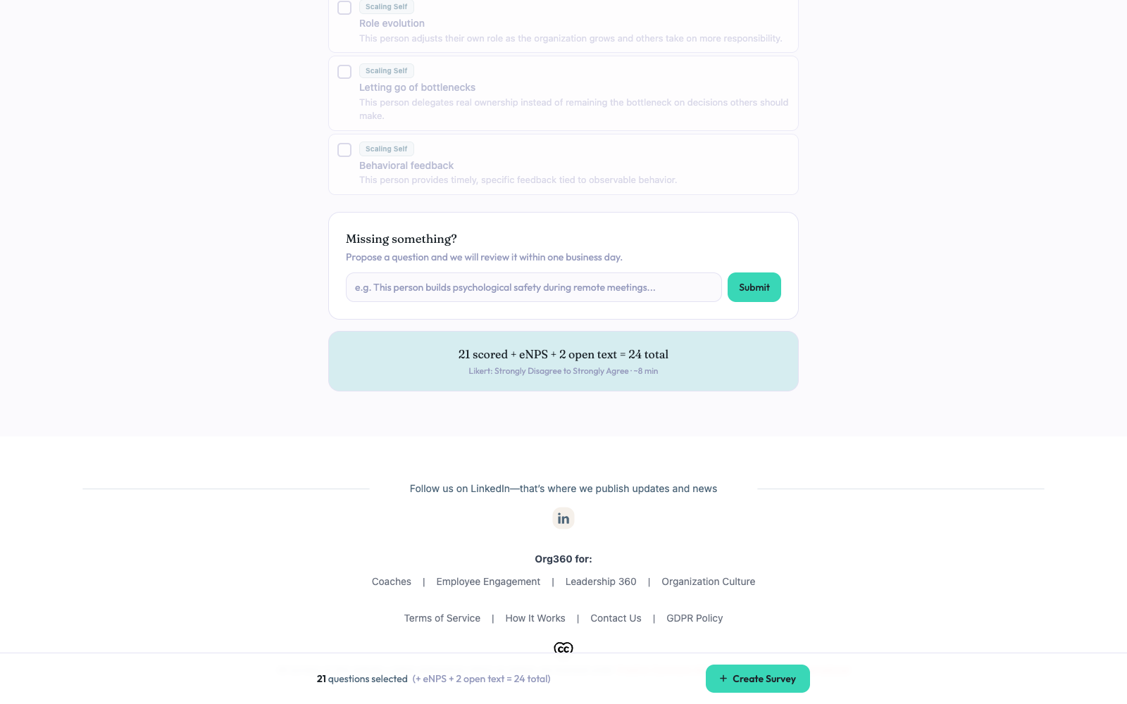 Sticky selection bar showing 21 questions selected and a Create Survey button