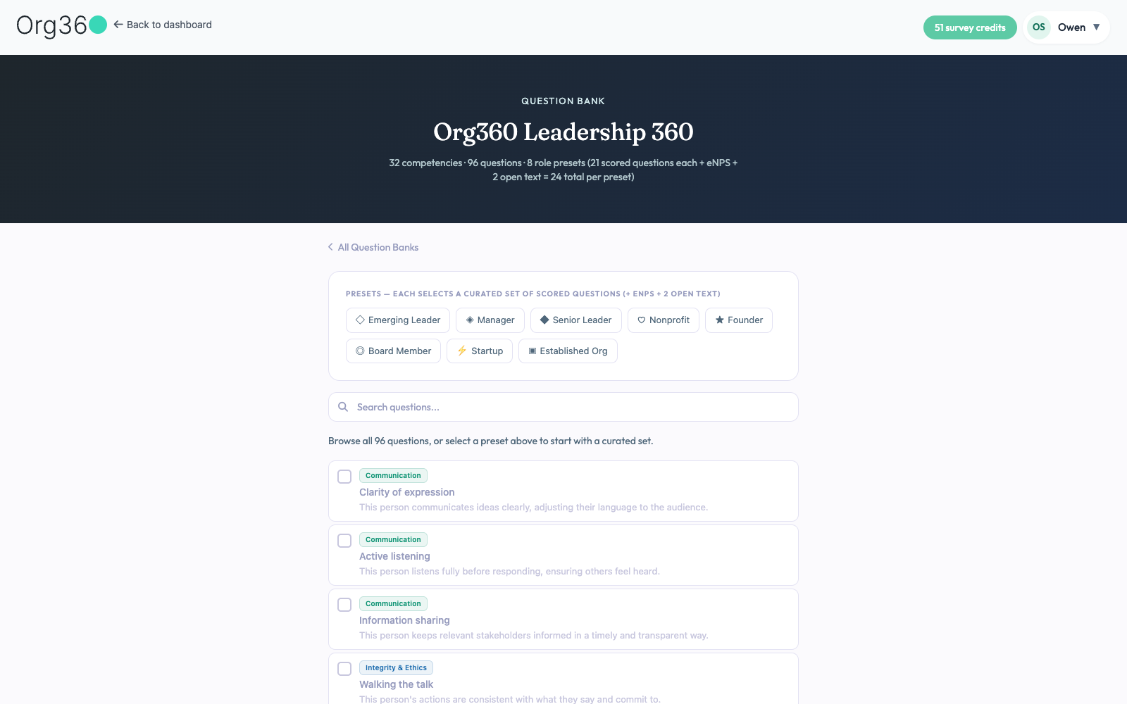 Question bank browser with role presets and searchable question list
