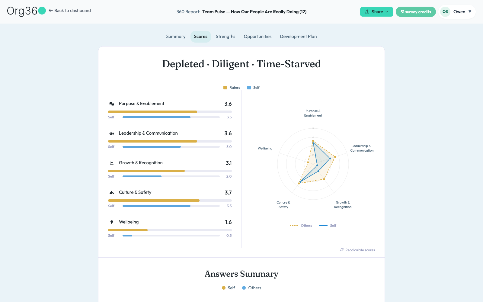 Report Scores tab with bar comparisons and a radar chart of self versus others