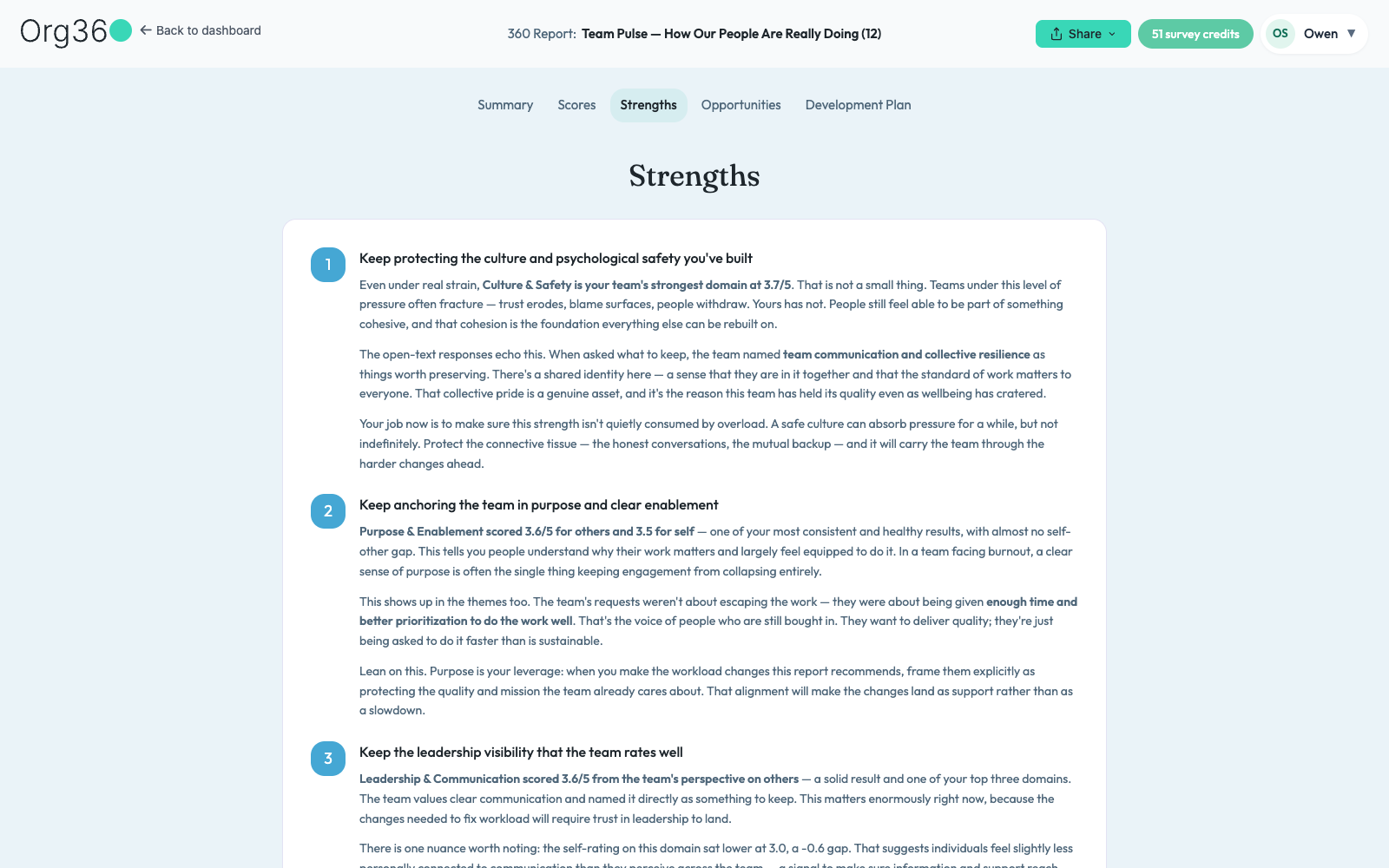 Report Strengths tab with numbered narrative items
