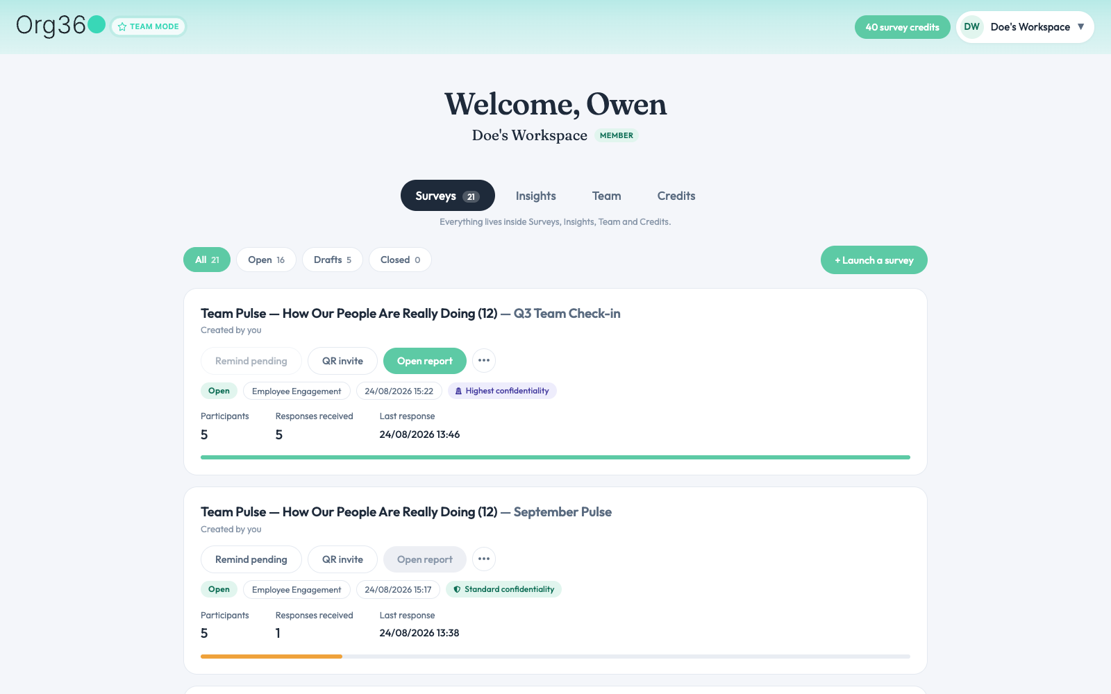 Dashboard in Team Mode with a teal banner and a fourth Team tab