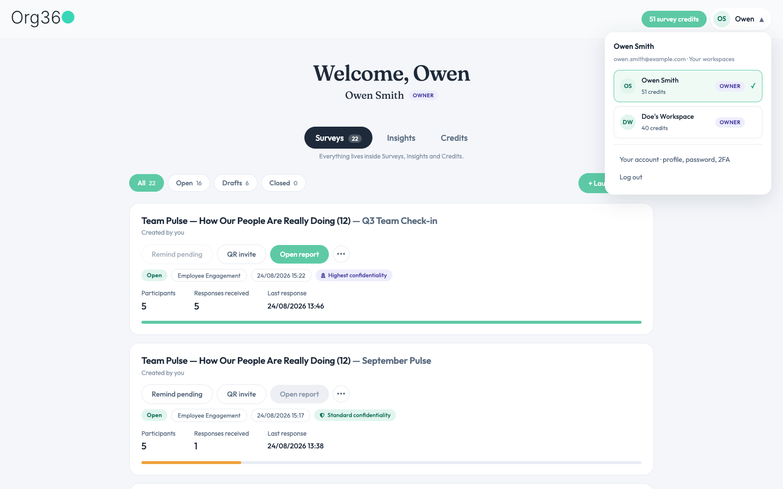 Profile dropdown listing the personal account and each workspace with credits and role