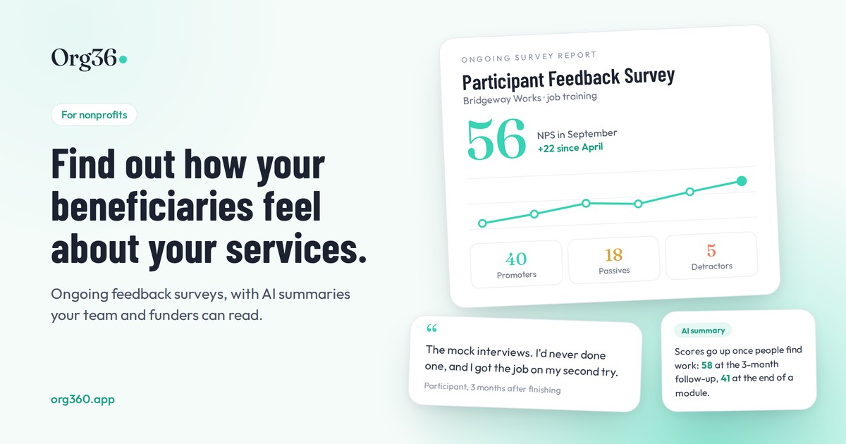Sample Participant Feedback report: NPS trend over time, promoters, passives and detractors, a participant quote and an AI summary