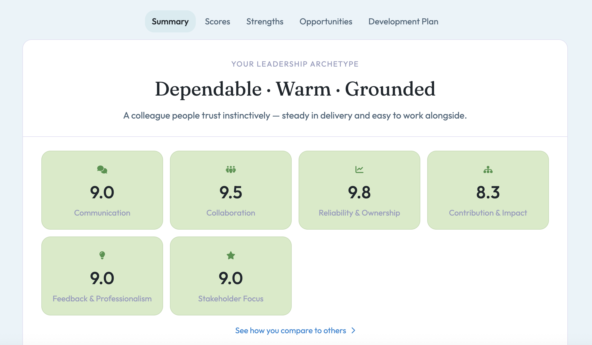 A sample composite report summary showing a leadership archetype and scores across six competencies