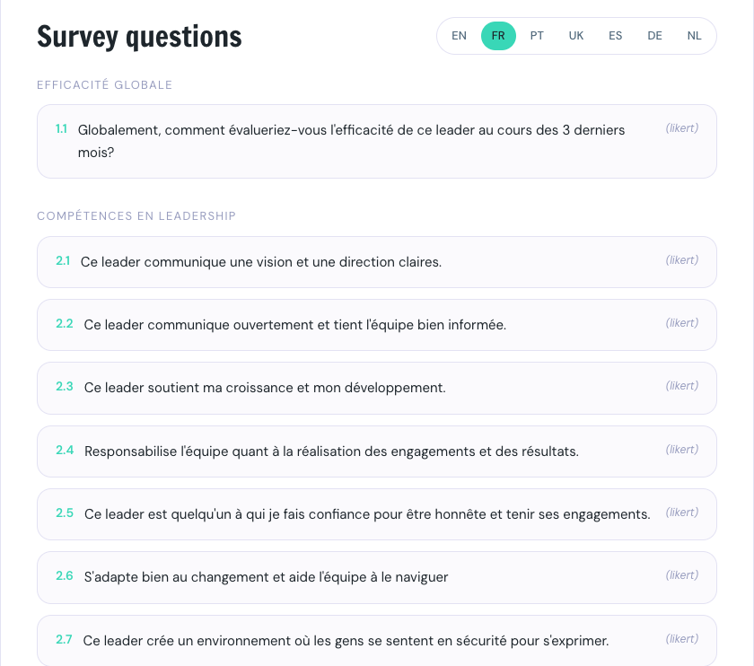 The survey questions section switched to French, with every question translated and a picker for seven languages
