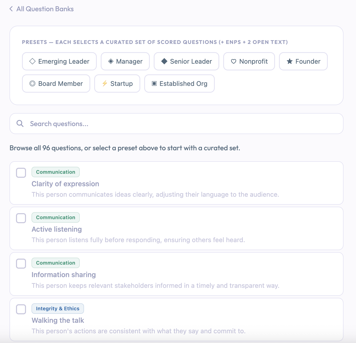 The question bank browser showing curated presets like Emerging Leader, Manager and Startup, plus a searchable list of competency-tagged questions